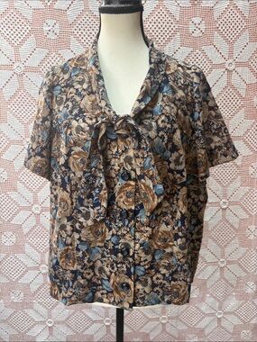 Handcrafted Floral Tie Neck Blouse | Cottagecore Boho | Oversized Sz L
